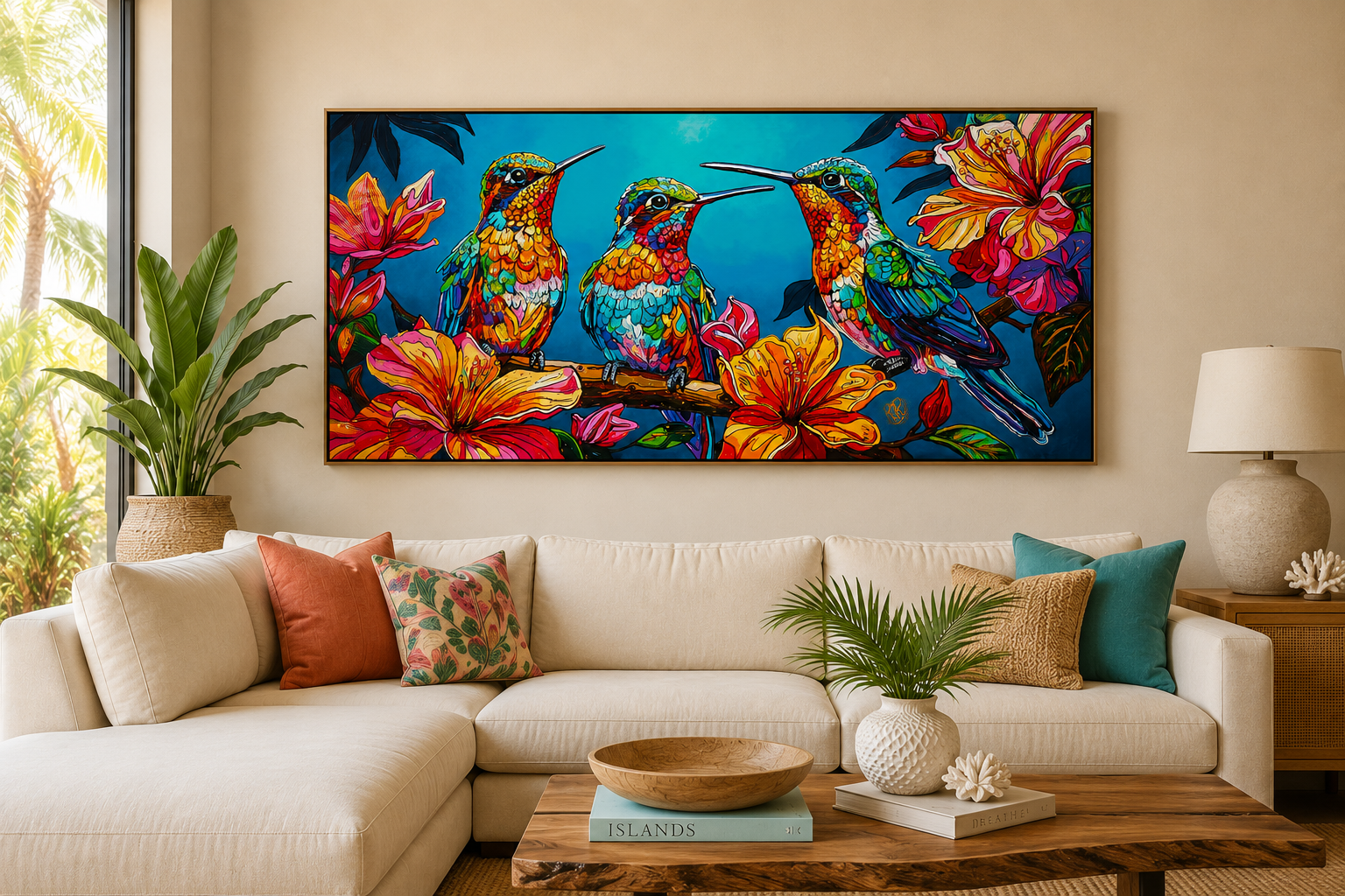 Tropical Bird Dance painting by Renata Rolefes displayed in a warm, contemporary living room interior